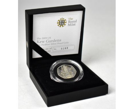 THE ROYAL MINT; the 2009 UK Kew Gardens 50p Piedfort silver proof coin, limited edition no.266/1000, encapsulated, in inner a