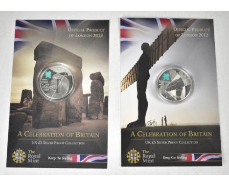 THE ROYAL MINT; Celebration of Britain UK £5 Silver Proof Collection, to include Stonehenge and Angel of the North, both enca