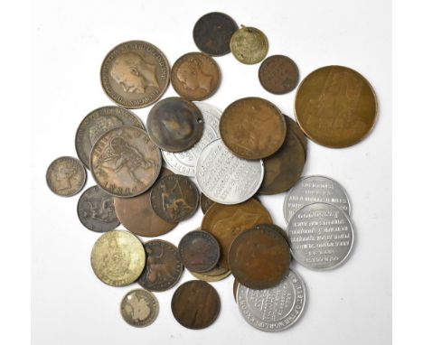 Various Queen Victoria and earlier copper and silver coins, and some modern aluminium Gold Coast Cocoa commemorative tokens.