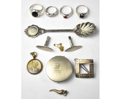 Various items of silver and EPNS jewellery to include three silver gentlemen's rings, one set with gold stone and two with re