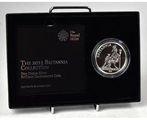 THE ROYAL MINT; the 2013 Britannia Collection One Ounce Silver Brilliant Uncirculated Coin, encapsulated with certificate and