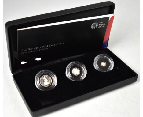 THE ROYAL MINT; The Britannia 2014 Collection Three-Coin Silver Proof Set, comprising a 20p, 10p and 5p coin, limited edition