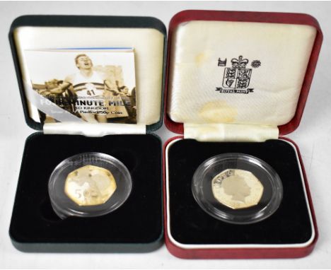 THE ROYAL MINT; two silver 50p coins to include Celebrating the 50th Anniversary of the Four-Minute Mile Silver Proof Piedfor