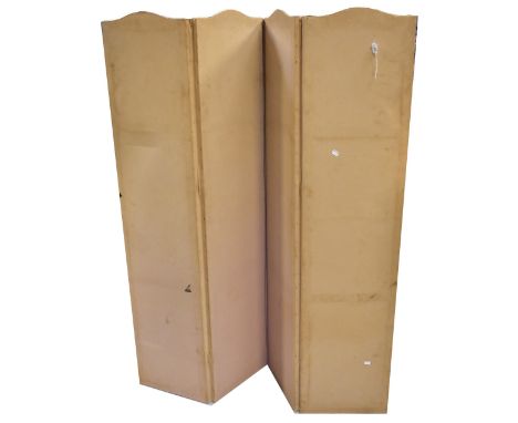A mid-20th century four-panel folding screen with arched tops, upholstered in a beige fabric with machine tapestried panels, 