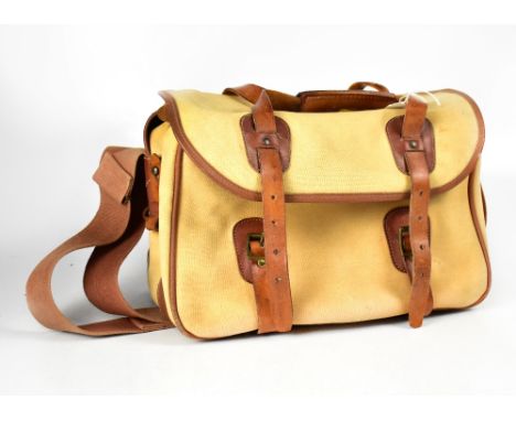 A W Billingham vintage camera bag with tan leather trim and canvas strap, height 23cm, length 36cm. CONDITION REPORT In used 