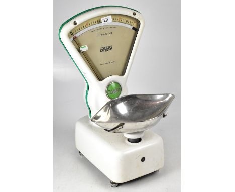 AVERY; a vintage enamelled set of shop scales with detachable bowl, British Registered Design No.855, 857, further inscribed 