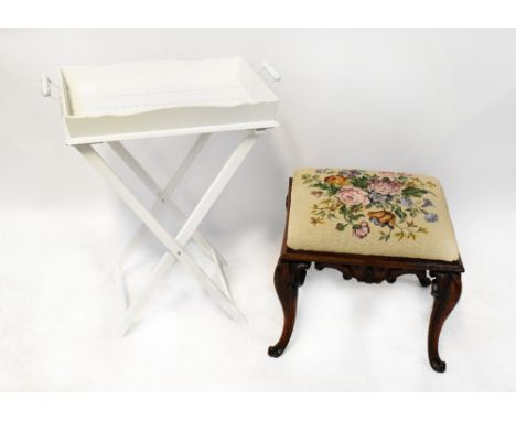 A Victorian mahogany stool with tapestry upholstered top in cream with bouquet of flowers, to base of Rococo style C-scrolls 