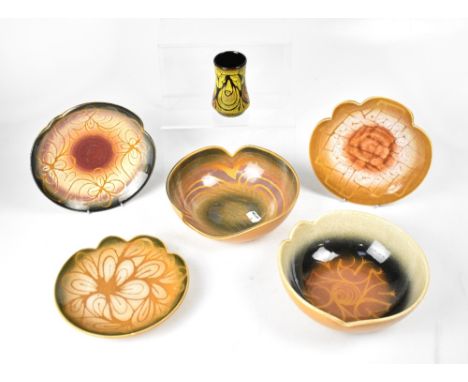 POOLE; a group of six ceramics, mainly in the 'Aegean' design, two bowls, shape 486, one initialled to the base 'AF', diamete