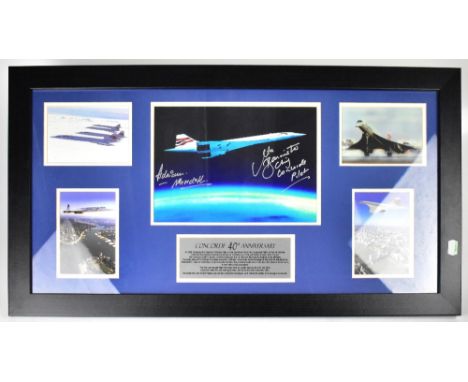A framed montage of five photographs of Concorde centred with a small information panel signed by Chief Concorde Captain Mike