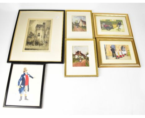 Nineteen various 19th and 20th century etchings, lithographs, watercolours and oil paintings, to include a pair of etchings m