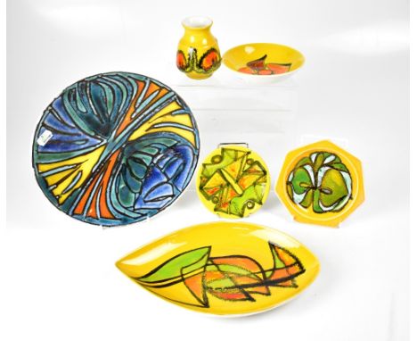 POOLE; a group of six ceramics in the 'Delphis' pattern, a spear dish, shape 91, signed to the base, length 30cm, an octagona