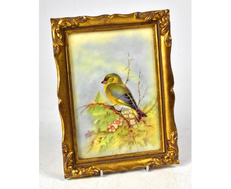 ROYAL WORCESTER; a signed E. R. Booth hand painted ceramic plaque of a greenfinch, 15 x 10.5cm. CONDITION REPORT Surface scra