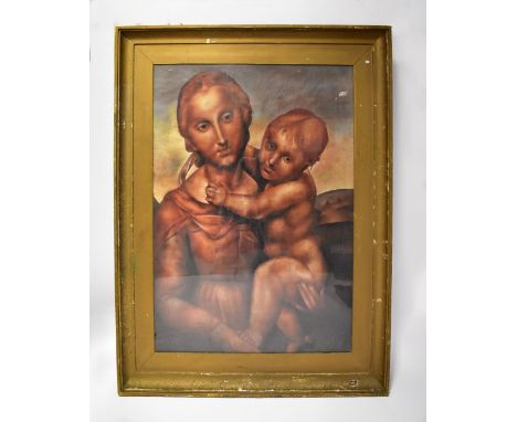 An extremely large coloured print, 'Madonna and Child', image size 176 x 127cm, framed and glazed (af). CONDITION REPORT The 