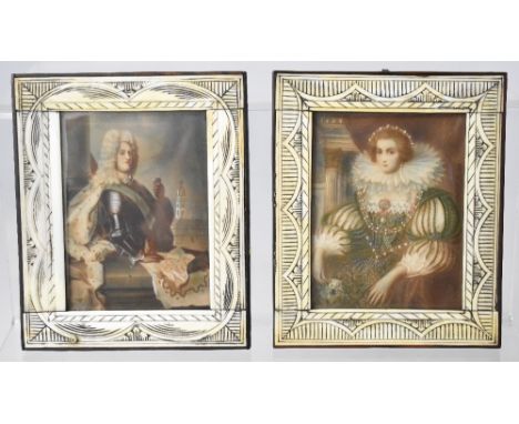 A pair of 19th century portrait miniatures depicting a king and queen in full ceremonial dress, both in square ivory veneered