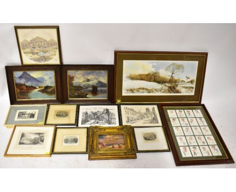 Various pictures and prints to include John J Stanley street scene engravings, possibly of the Wigan area, two G V H Finch Co
