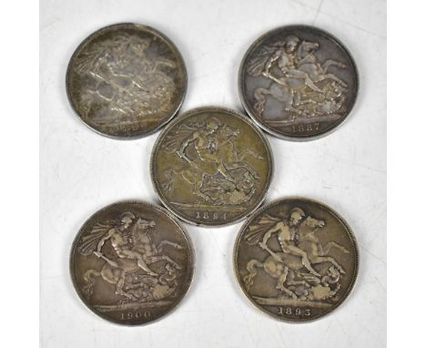 Five Queen Victoria silver crowns, 1887, 1892, 1893, 1894 and 1900 (5).