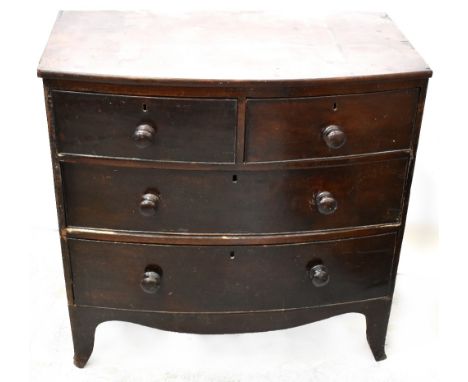 An 19th century mahogany bow fronted chest of two short over two long drawers, raised on bracket feet, 87 x 90 x 49cm (af). C