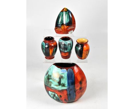 POOLE; a group of five ceramics in the 'Gemstone' design, a large purse vase, height 19.5cm, three non-matching baluster vase