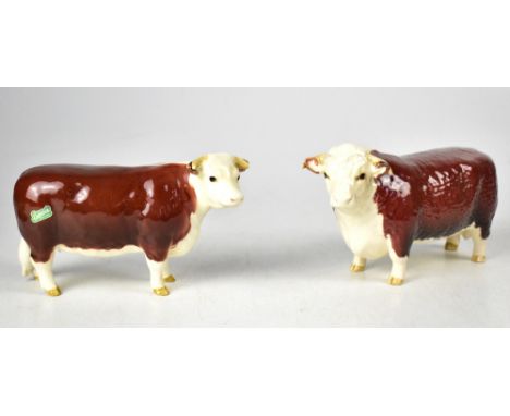 BESWICK; a Hereford Bull first version (horns protrude from ears), 1363A and a Hereford Cow 1360, both brown gloss (2). CONDI