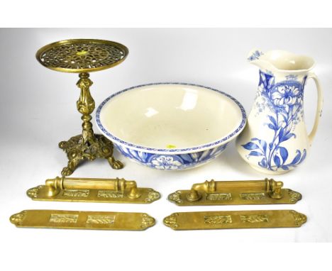 Various items of brassware to include a large 19th century brass telescopic lamp stand, with tapering columns, on solid tripo