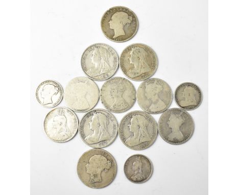 Various Queen Victoria silver coins to include half crowns, florins and shilling and four 1880s Gothic florins (14).