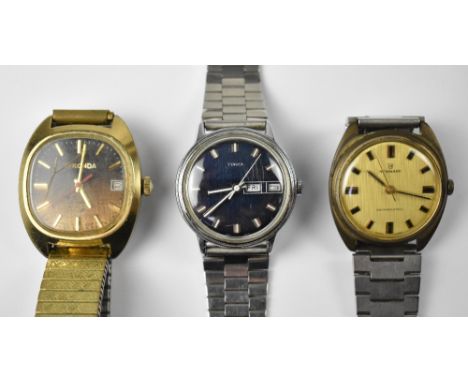 Three vintage gentlemen's wristwatches comprising a Newmark Swiss made shock resistant watch, the engine turned gold-coloured