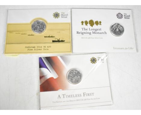 THE ROYAL MINT; three £20 Fine Silver Coins, to include 'The Longest Reigning Monarch 2015', 2013 'A Timeless First: The Geor