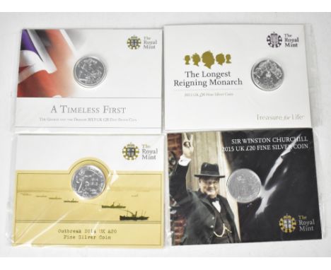 THE ROYAL MINT; four UK £20 fine silver coin blister packs to include The Longest Reigning Monarch, Outbreak 2014, A Timeless