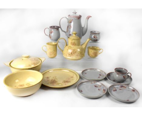 DENBY; a 'Sandalwood' tea, coffee and part dinner service comprising teapot, coffee pot, six teacups and saucers, various cof