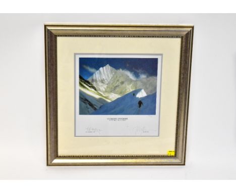 CONQUEST OF EVEREST; a limited edition print, taken from the original by Gary Blythe, signed by Sir Edmund Hillary and Gary B