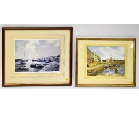 JOHN G EMMERTON; watercolour on paper depicting harbour scene with people and buildings in the foreground and boats on calm s