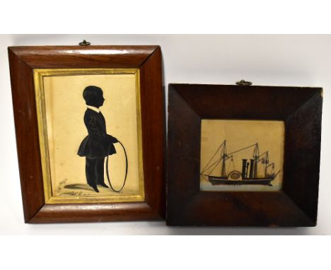 An early 19th century silhouette portrait of a boy standing holding a hoop, 16 x 12cm, mounted in a rosewood frame, frame siz