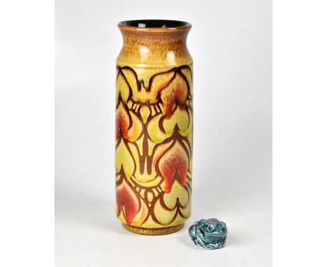 POOLE; a tall cylindrical vase in the 'Aegean' design, height 31.5cm and a small turquoise seated frog, length 9cm (2).