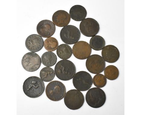 Various George I, II and III copper coins to include half pennies, farthings and a John Wilkinson Iron Master 1794 copper hal