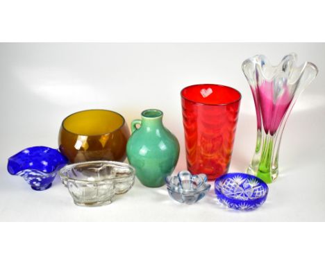 A group of eight retro glass vases and bowls to include a large Murano style vase with red, green and milk glass, a red and o