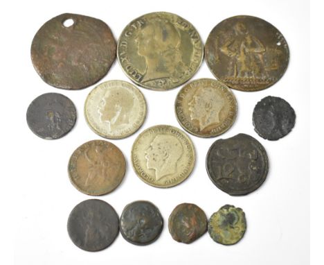 Various mixed collectible antique coins to include a Louis XV 1765 silver coin, Irish George I half penny 1724, an Admiral Ed