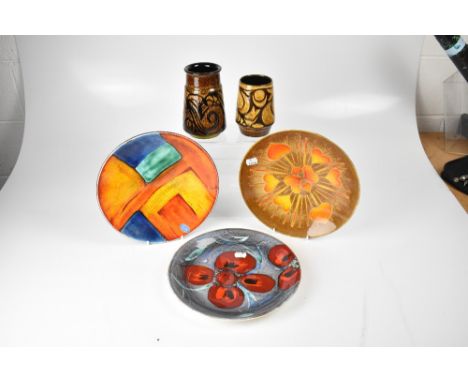 POOLE; a shallow bowl in the 'Aegean' design, diameter 26.5cm, two non-matching vases in the 'Aegean' design, height of large