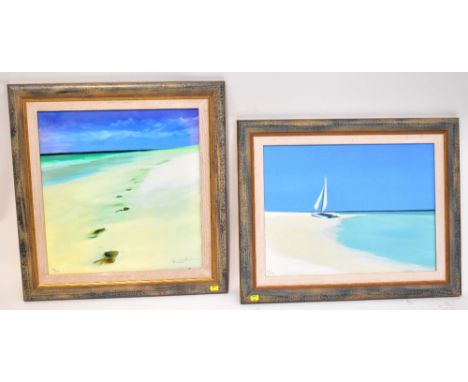 AFTER REUBEN COLLEY (British, born 1976); two limited edition Caribbean beach scene prints on canvas, the first titled 'Blue 