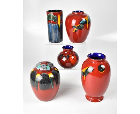 POOLE; a group of five ceramics to include a pillar vase in 'Infusion' pattern, height 17cm, two varying size baluster vases 
