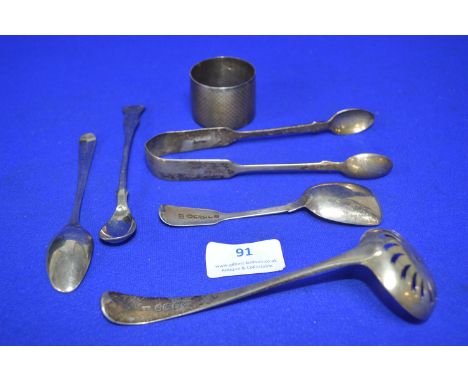 Hallmarked Sterling Silver Teaspoons, Sugar Nips, Sifter Spoon, and a Napkin Ring ~135g total 