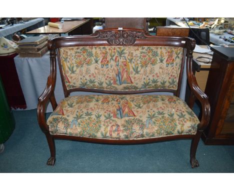 Victorian Carved Mahogany Settee with Medieval Tapestry Style Upholstery 
