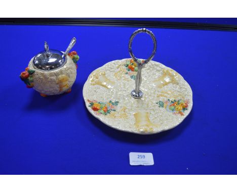 Clarice Cliff Celtic Harvest Cake Stand plus Jam Pot and Cover 
