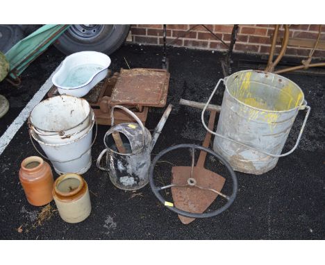 Cast Iron Scales, Enamel Buckets, Watering Can, Galvanised Tub, etc. 