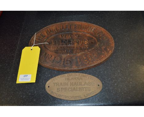Cast Iron Hunslet Engine Co. Leeds Railway Plaque 1916, plus Brass Train Haulage Plaque 