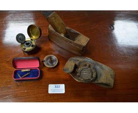 Small Collectibles Including Leather Workers Hand Guard, Penknives, Inkwell, etc. 