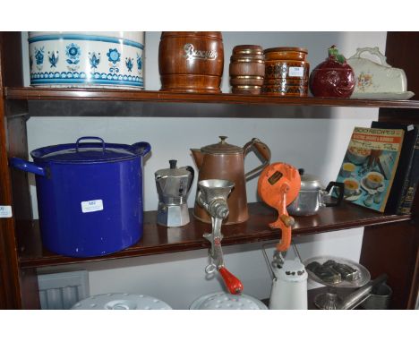 Vintage Kitchenware; Enamel Pot, Cookery Books, Mincers, etc. 
