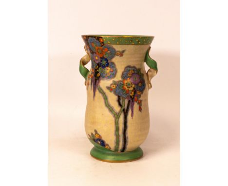 Crown Devon Fieldings Art Deco vase decorated with gilt and enamel stylised trees. Marked M264 to base. Height 17.5cm 