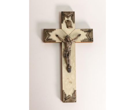 An Early 20th Century French Art Deco Crucifix; with white metal mounts on mother of pearl back. 