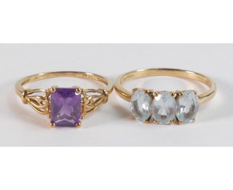 9ct gold amethyst set ring size R, together with 9ct aquamarine ring size T/U, both hallmarked,  gross weight 4.51g 