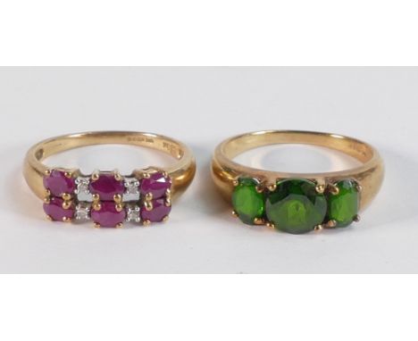 Two 9ct gold hallmarked dress rings - Ruby &amp; diamond ring size P, weight 2.43g, together with Tourmaline (or similar) rin